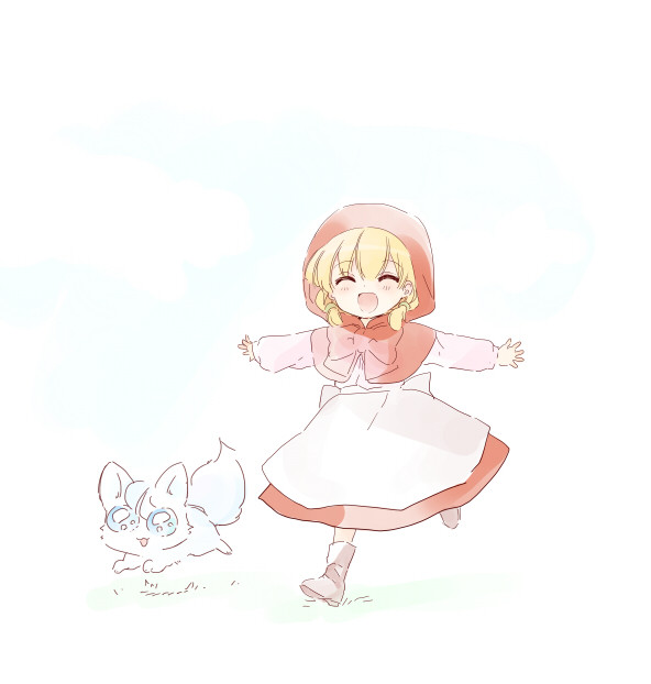 1girl, ^_^, akazukin_chacha, animal, apron, blonde_hair, blue_sky, blush