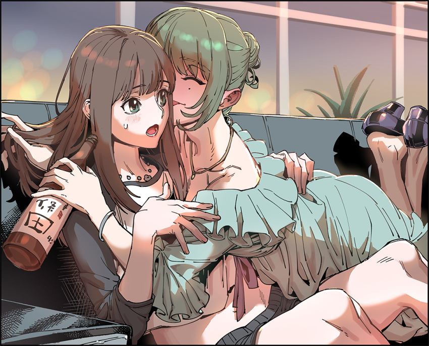 alcohol, blush, bracelet, brown_hair, closed_eyes, couch, crop_top, dress