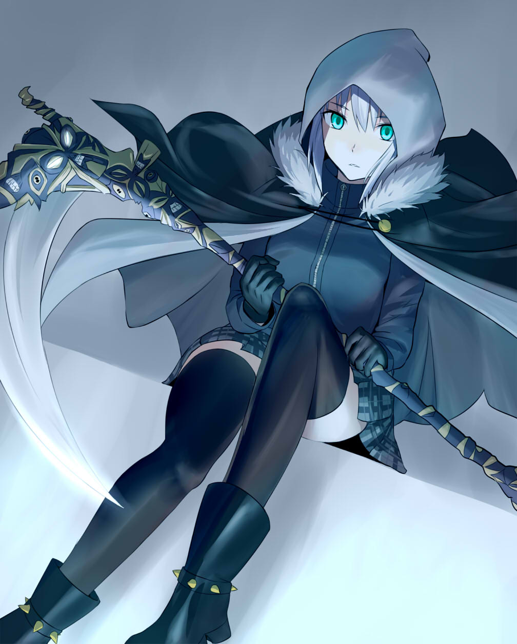 1girl, aqua_eyes, bangs, black_cape, black_footwear, black_gloves, black_legwear, blunt_bangs