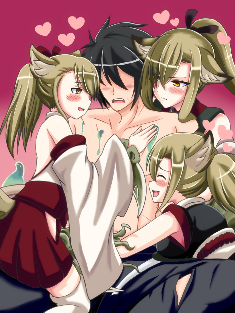 1boy, 3girls, :d, animal_ears, black_hair, blush, commentary_request, detached_sleeves, faceless, faceless_male, girl_sandwich, green_hair, hair_between_eyes, hair_ribbon, heart, hug, japanese_clothes, kamaitachi_(monster_girl_encyclopedia), long_hair, monster_girl_encyclopedia, multiple_girls, murayama_nakoto, open_mouth, ponytail, ribbon, sandwiched, smile, twintails, yellow_eyes
