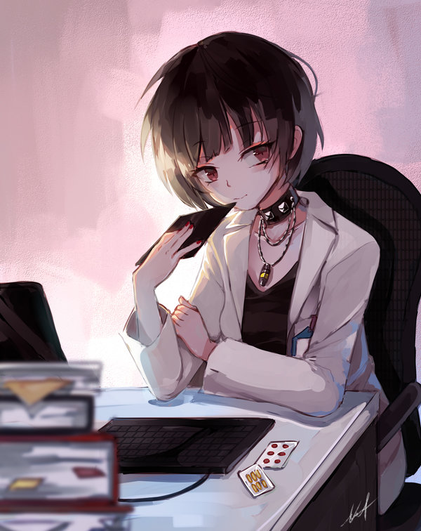 1girl, bangs, black_hair, chair, choker, coat, computer, desk
