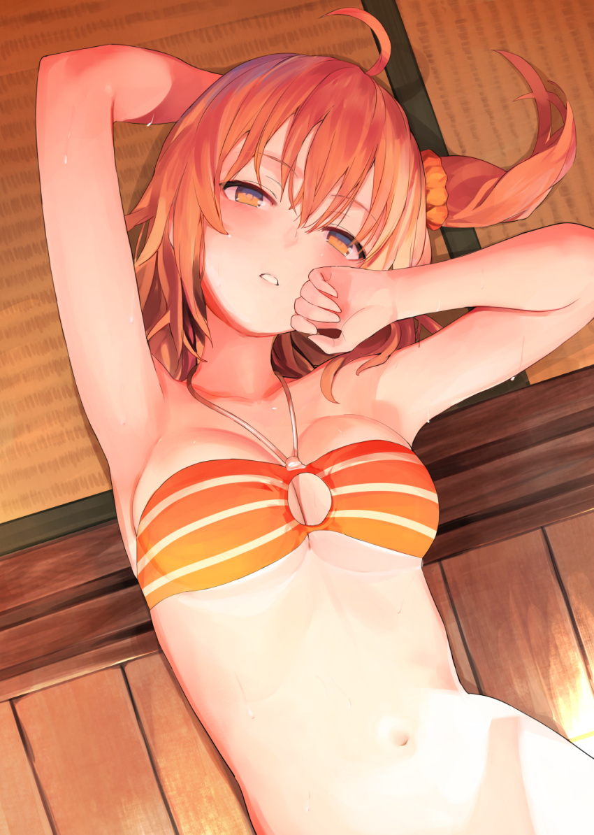 1girl, ahoge, arm_up, armpits, bangs, bare_shoulders, bikini_top, blush