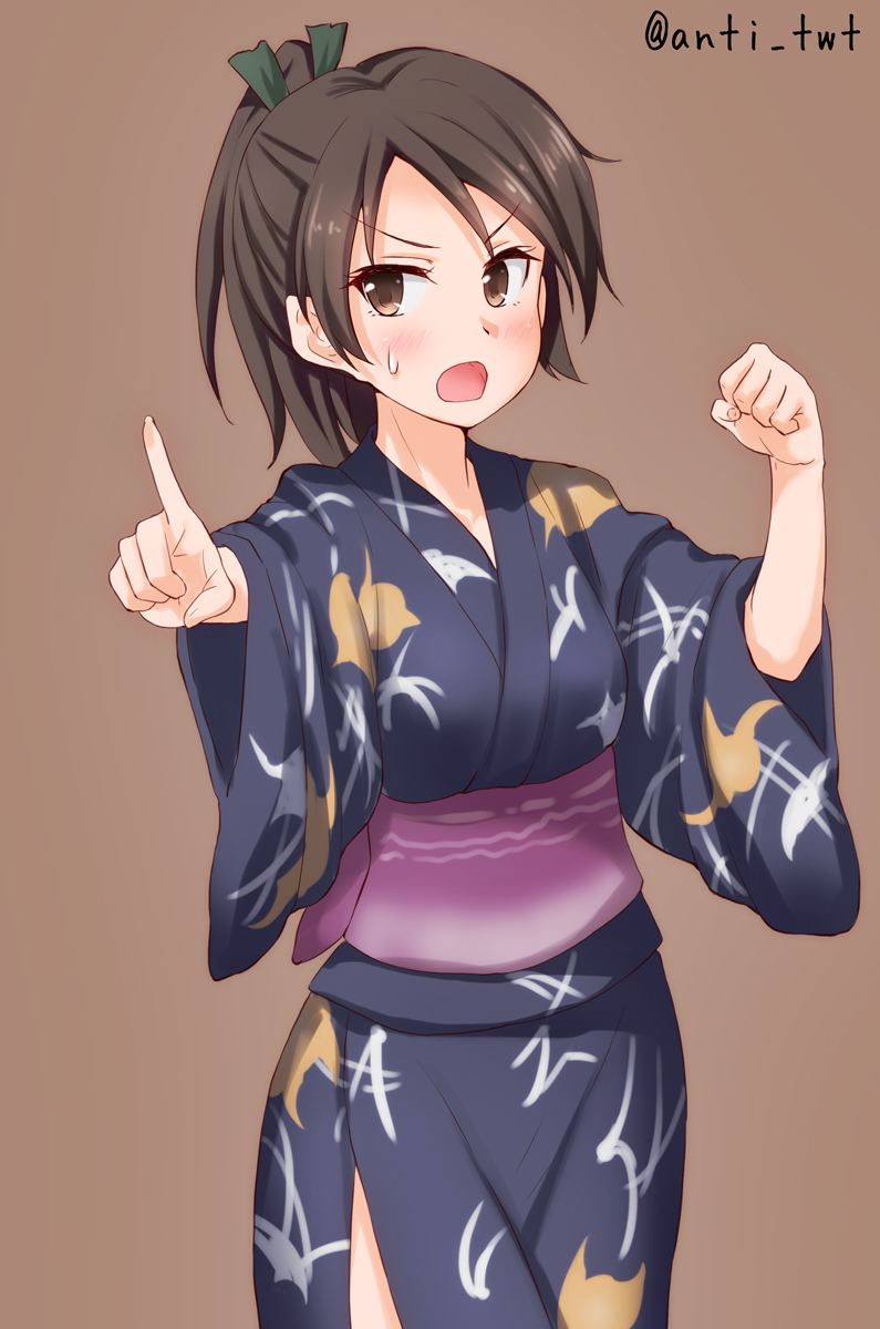 1girl, animal_print, anti_(untea9), black_kimono, brown_background, brown_eyes, brown_hair, clenched_hand, commentary, cowboy_shot, fish_print, highres, japanese_clothes, kantai_collection, kimono, looking_at_viewer, open_mouth, pointing, ponytail, print_kimono, qawsedrftgyhujikolp, shikinami_(kantai_collection), short_hair, short_ponytail, simple_background, solo, twitter_username, yukata