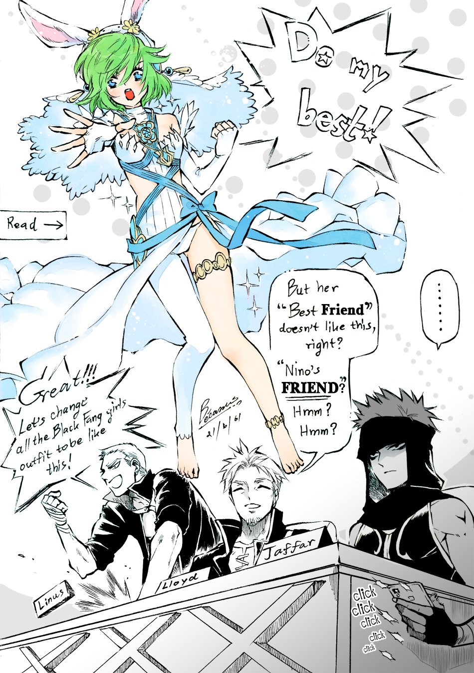 1girl, aqua_(fire_emblem_if), aqua_(fire_emblem_if)_(cosplay), barefoot, blue_eyes, blue_nails, blush, cape, cellphone, cosplay, dress, elbow_gloves, english, enissaceb, fingerless_gloves, fire_emblem, fire_emblem:_rekka_no_ken, fire_emblem_heroes, fire_emblem_if, gloves, green_hair, hairband, highres, jaffar_(fire_emblem), jewelry, nail_polish, nino_(fire_emblem), open_mouth, phone, purple_hairband, redhead, short_hair, simple_background, skirt, smile, veil