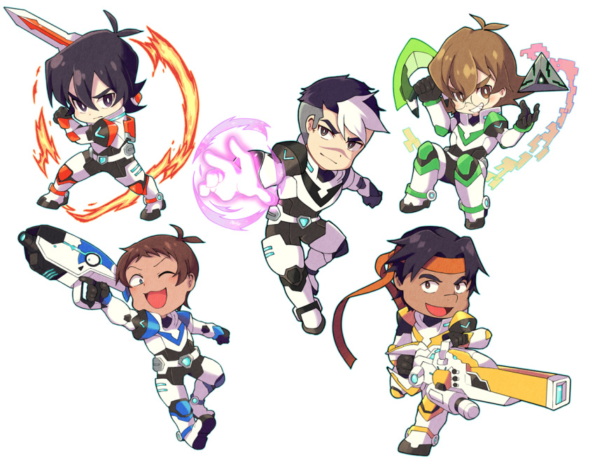 1girl, 4boys, black_gloves, black_hair, blue_eyes, bodysuit, brown_eyes, brown_hair