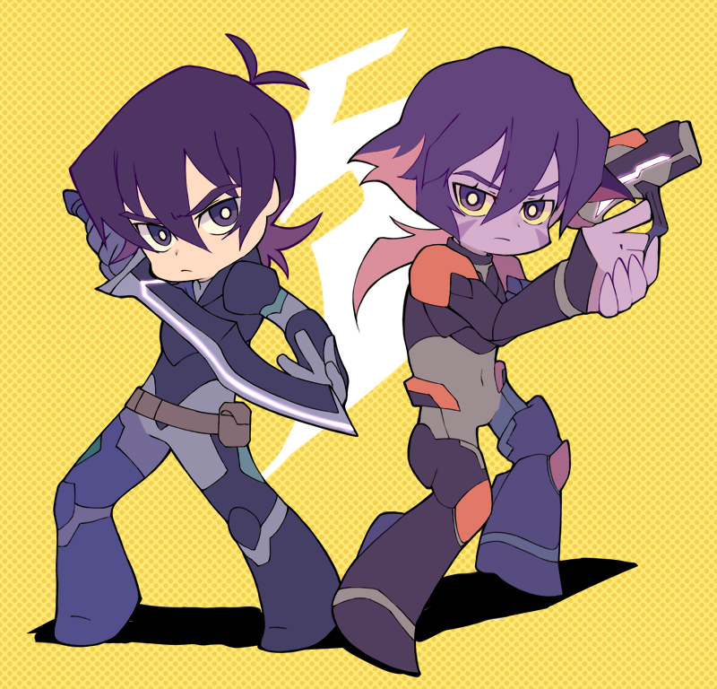 1boy, 1girl, black_hair, bodysuit, facial_mark, fighting_stance, grey_eyes, gun