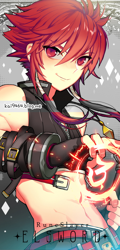 elsword, elsword_(character), midriff, pika_(kai9464), red_eyes, redhead, rune_slayer_(elsword), runes