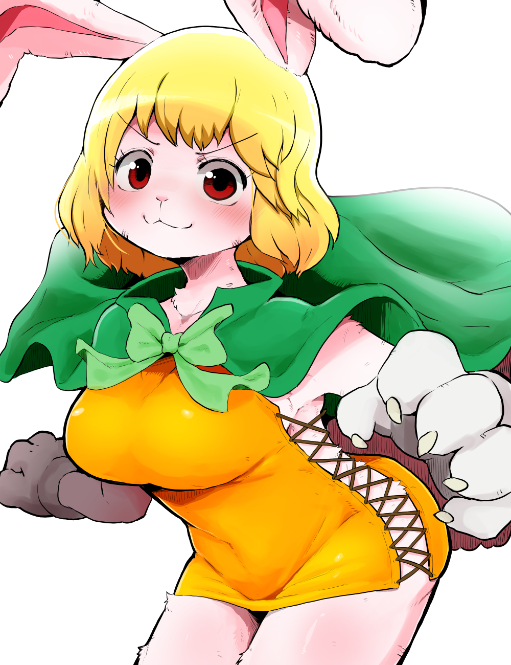 1girl, animal_ears, blonde_hair, blush, breasts, cape, carrot_(one_piece), covered_navel, dagashi_(daga2626), furry, green_cape, highres, looking_at_viewer, medium_breasts, one_piece, rabbit_ears, red_eyes, short_hair, simple_background, solo, white_background