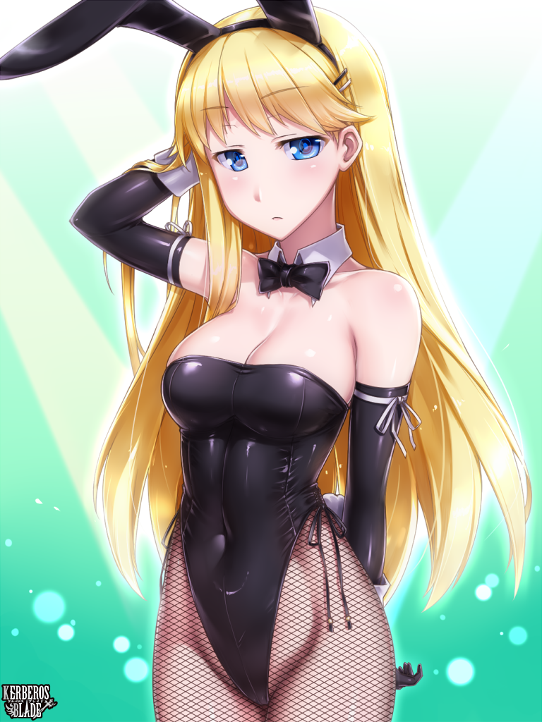 1girl, animal_ears, arm_behind_back, arm_behind_head, black_gloves, black_leotard, black_neckwear, blonde_hair