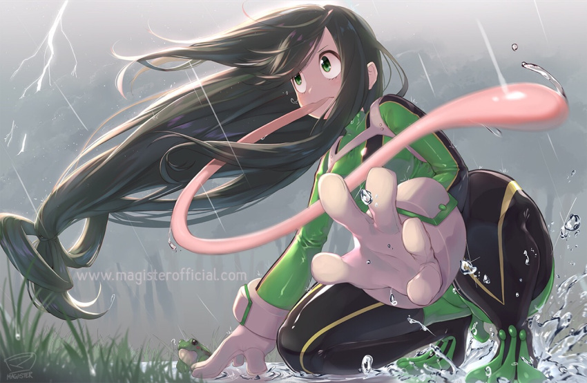 1girl, :>, asui_tsuyu, black_hair, bodysuit, boku_no_hero_academia, clouds, cloudy_sky