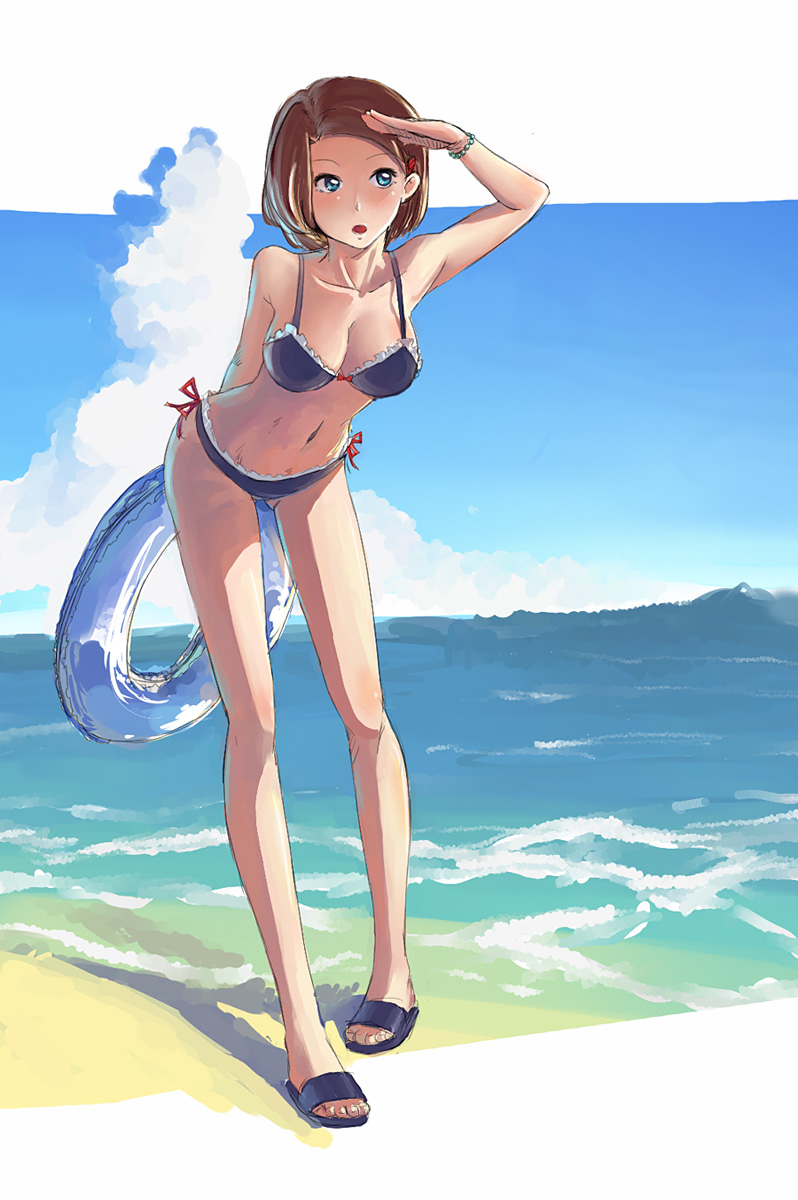 brown_hair, highres, ocean, short_hair, swimsuit, zeta, zeta_(artist)