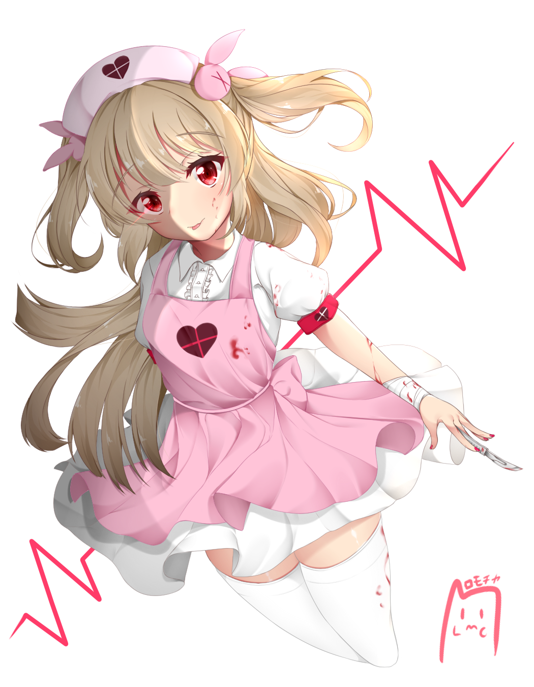 1girl, :p, apron, bandage, bangs, blood, blood_on_face, bloody_clothes