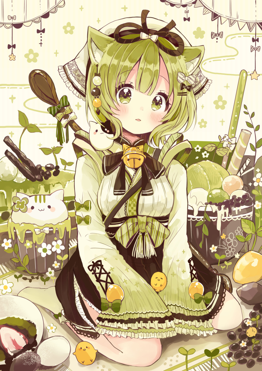 1girl, :3, absurdres, animal, animal_ears, animal_on_shoulder, bangs, bell