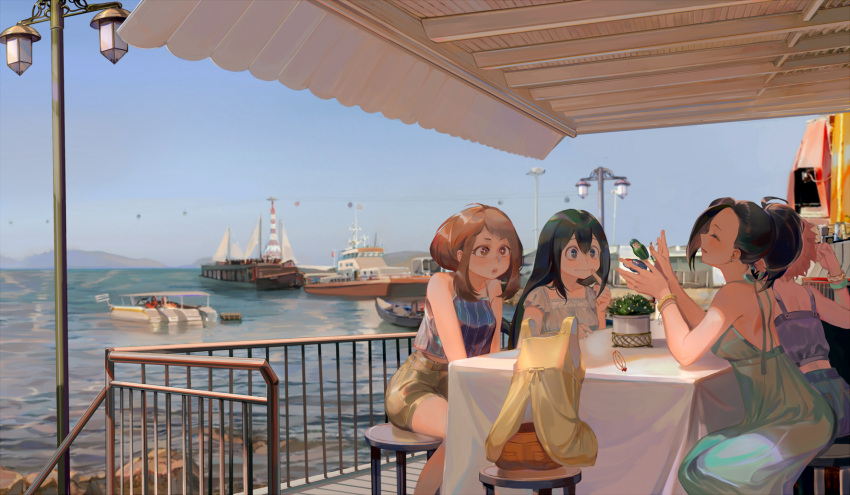 5girls, ashido_mina, asui_tsuyu, black_hair, blue_sky, boat, boku_no_hero_academia, bracelet, brown_hair, dress, earrings, fence, finger_to_mouth, green_hair, hagakure_tooru, highres, invisible, jewelry, lake, lamppost, long_hair, matryoshka_doll, mountain, multiple_girls, pier, plant, scenery, shorts, sitting, sky, sleeveless, table, taro-k, uraraka_ochako, very_long_hair, water, watercraft, yaoyorozu_momo