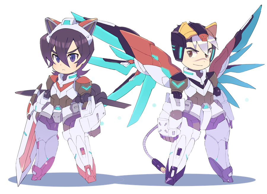 >:<, 2boys, aka-jishi, animal_ears, black_eyes, black_hair, chibi, clenched_hand, clenched_hands, closed_mouth, fake_animal_ears, fake_tail, full_body, helmet, hyakujuu-ou_golion, keith_(voltron), kuro-jishi_(golion), lion_ears, looking_at_viewer, male_focus, mecha_danshi, mechanical_tail, mechanical_wings, miyata_(lhr), mullet, multicolored_hair, multiple_boys, shadow, simple_background, sword, tail, takashi_shirogane, two-tone_hair, violet_eyes, weapon, white_background, white_hair, wings