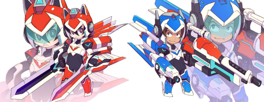 2boys, aka-jishi, ao-jishi, black_hair, brown_hair, chibi, closed_mouth, dark_skin, dark_skinned_male, dual_wielding, helmet, holding, hyakujuu-ou_golion, keith_(voltron), lance_(voltron), looking_at_viewer, male_focus, mecha_danshi, miyata_(lhr), multiple_boys, redhead, simple_background, visor, voltron:_legendary_defender, white_background, zoom_layer