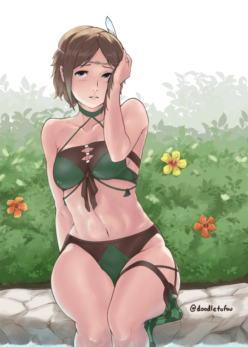 1girl, bikini, blue_eyes, blush, breasts, brown_hair, circlet, doodletofuu, fire_emblem, fire_emblem:_kakusei, fire_emblem_heroes, flower, green_swimsuit, hand_in_hair, highres, medium_breasts, noire_(fire_emblem), parted_lips, red_flower, short_hair, sitting, solo, swimsuit, twitter_username, yellow_flower