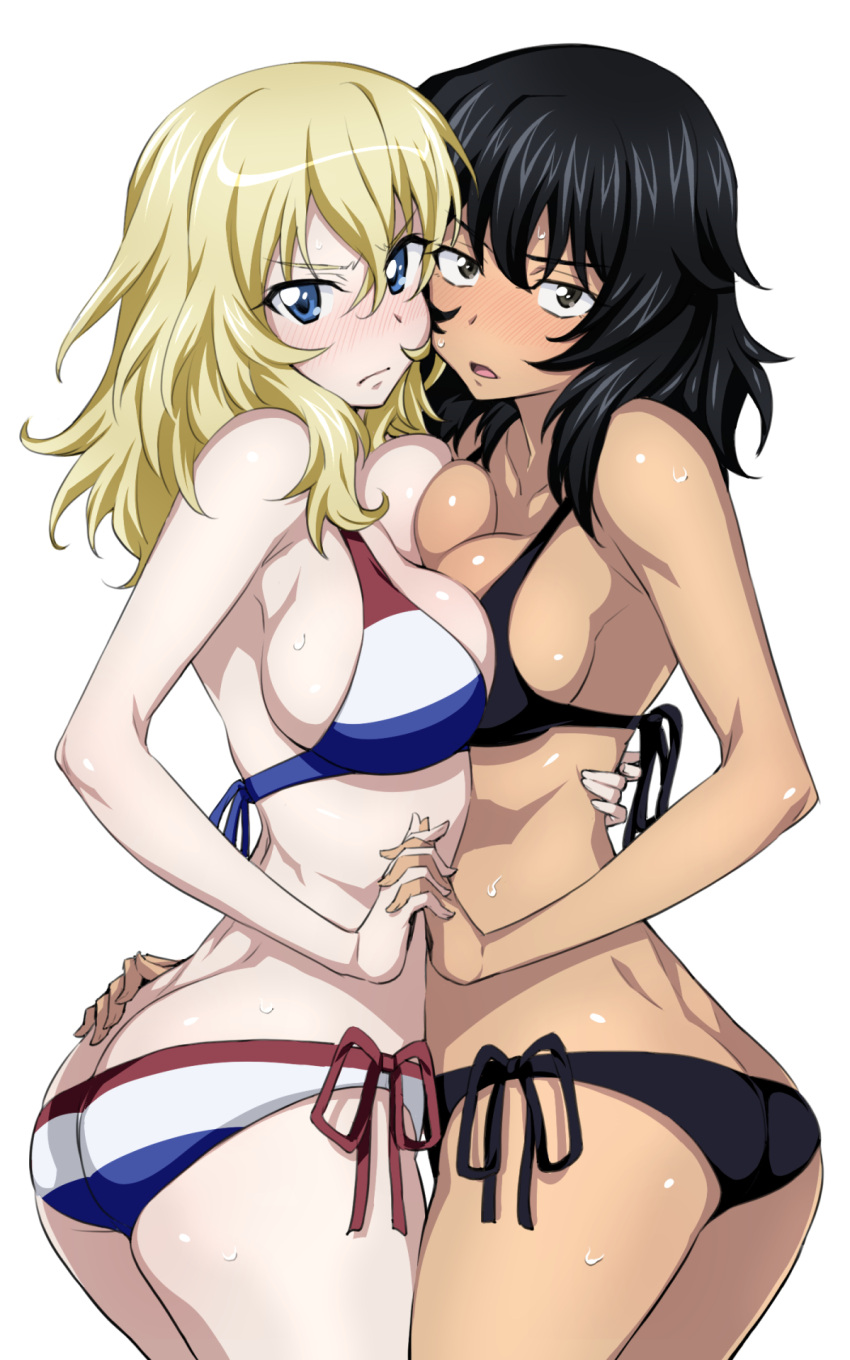 2girls, andou_(girls_und_panzer), ass, bangs, bare_shoulders, bikini, black_bikini, black_hair