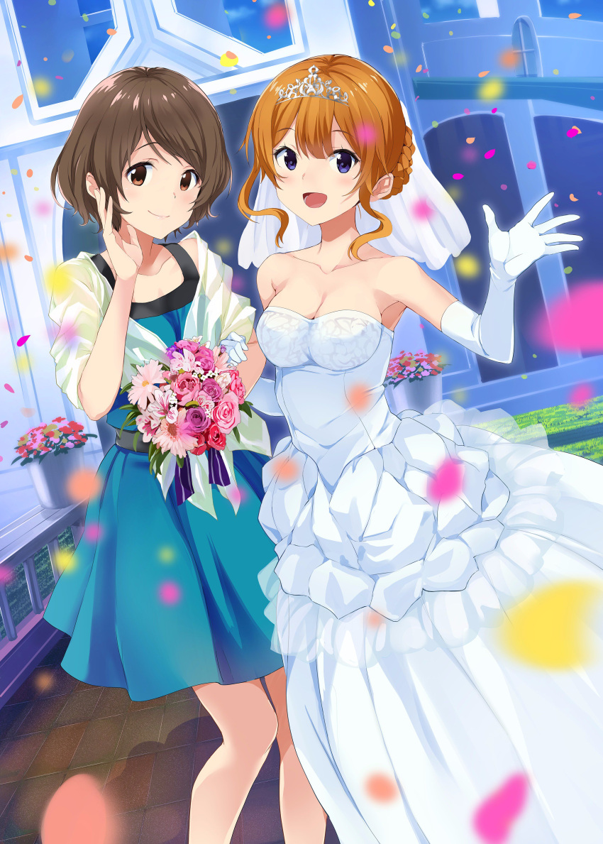 2girls, :d, absurdres, bangs, blue_dress, blue_eyes, bouquet, braid