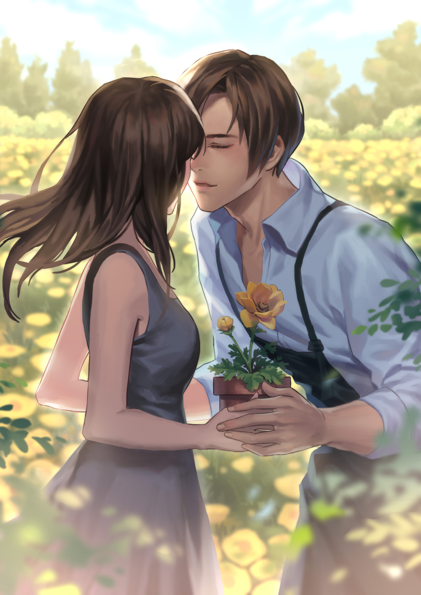1boy, 1girl, absurdres, aquarius_(artist), black_apron, black_dress, blue_sky, brown_hair