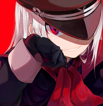 1girl, akatsuki_blitzkampf, evil_smile, gloves, hat, head_rest, looking_at_viewer, lowres