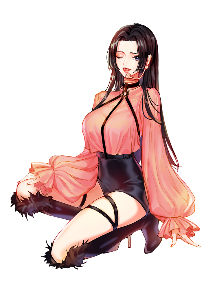 1girl, alternate_costume, black_footwear, black_hair, blue_eyes, boa_hancock, boots, breasts, dress, dyd476, female, full_body, hand_on_own_knee, high_heels, knee_boots, kneeling, large_breasts, lips, lipstick, long_hair, looking_at_viewer, makeup, microphone, one_eye_closed, one_piece, open_mouth, shichibukai, simple_background, solo, teeth, transparent_background