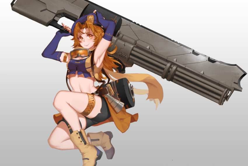 1girl, armlet, armpits, beret, big_gun, blonde_hair, boots, dishwasher1910