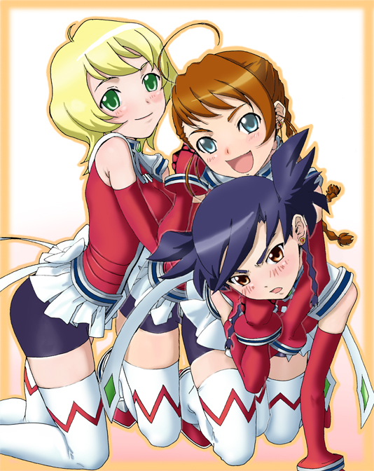 arika_yumemiya, bike_shorts, blonde_hair, blue_hair, braid, brown_hair, elbow_gloves, erstin_ho