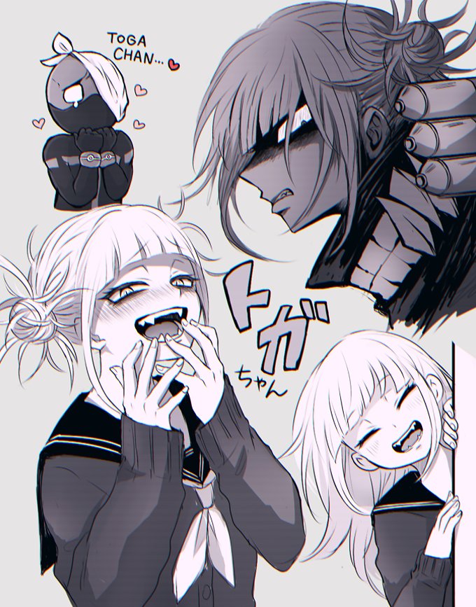 1boy, 1girl, boku_no_hero_academia, drzn, greyscale, monochrome, speech_bubble, text_focus, toga_himiko