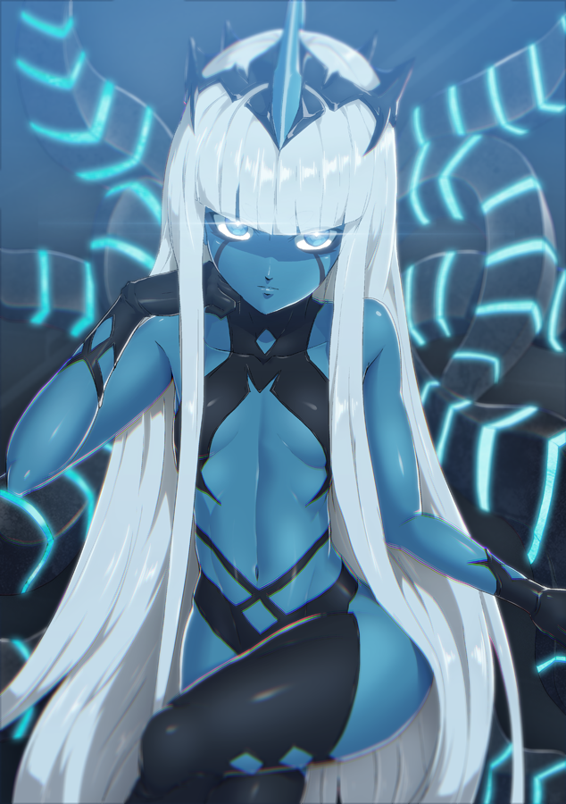 001_(darling_in_the_franxx), 1girl, absurdly_long_hair, bangs, bare_shoulders, blue_eyes, blue_skin, blunt_bangs