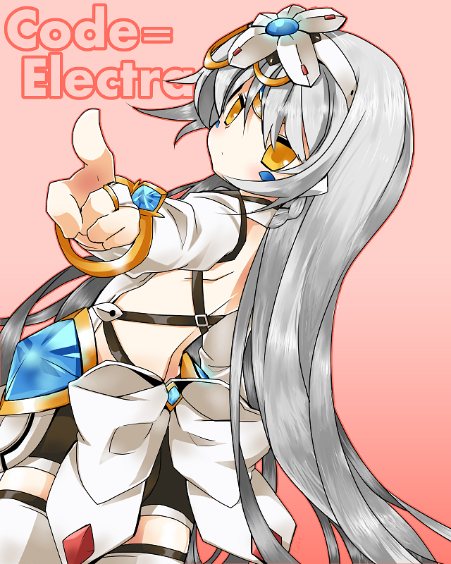 1girl, bare_back, code:_electra_(elsword), elsword, eve_(elsword), facial_mark, hair_ornament, looking_at_viewer