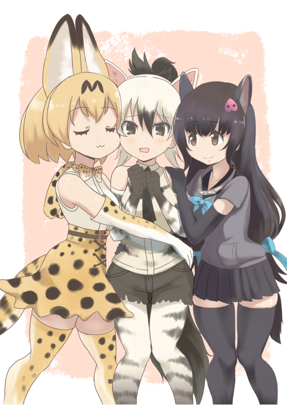 3girls, aardwolf_(kemono_friends), aardwolf_ears, aardwolf_tail, animal_ears, bangs, bare_shoulders, black_hair