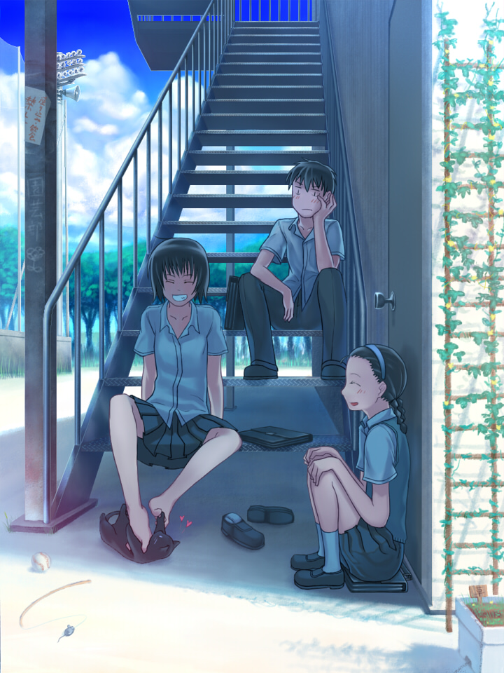2girls, bag, barefoot, baseball, between_toes, black_hair, blue_sky, braid
