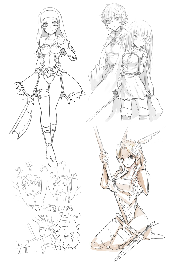 breasts, cape, capelet, character_request, commentary_request, kara_(color), katrina_(romancing_saga), long_hair, medium_breasts, monica_(romancing_saga_3), multiple_boys, multiple_girls, romancing_saga_2, romancing_saga_3, saga, short_hair, smile, thigh-highs