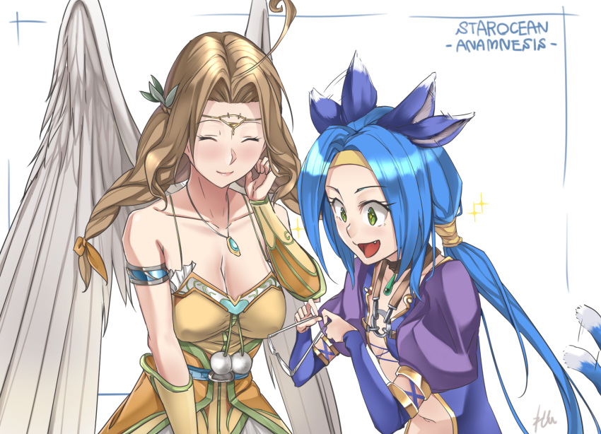 2girls, :d, ahoge, animal_ears, armlet, bare_shoulders, blue_hair, braid