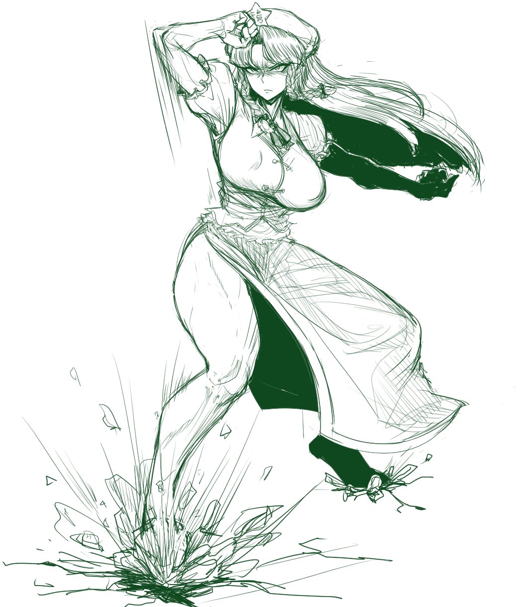 angry, arm_up, beret, braid, breasts, china_dress, chinese_clothes, cracked_floor