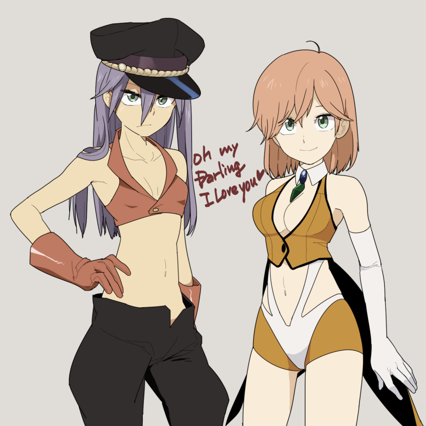 2girls, ahoge, bakuretsu_hunters, bangs, black_hat, black_pants, breasts, chocolate_misu, chocolate_misu_(cosplay), cleavage, closed_mouth, coattails, collarbone, cosplay, cowboy_shot, detached_collar, elbow_gloves, faris_scherwiz, final_fantasy, final_fantasy_v, frown, gem, gloves, green_eyes, hair_between_eyes, hand_on_hip, hat, heart, highres, legs_apart, lenna_charlotte_tycoon, looking_at_viewer, medium_breasts, multiple_girls, navel, open_fly, pants, peaked_cap, pink_hair, purple_hair, red_gloves, regain, reverse_trap, siblings, sisters, small_breasts, smile, standing, stomach, straight_hair, tira_misu, tira_misu_(cosplay), white_gloves