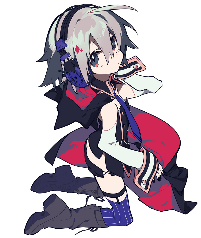 1girl, ahoge, alternate_hair_color, black_footwear, black_nails, black_shorts, boots, closed_mouth, detached_sleeves, garter_straps, headphones, hood, kneeling, looking_at_viewer, mochizuki_kei, nail_polish, necktie, official_art, purple_neckwear, short_shorts, shorts, silver_hair, simple_background, sock_garters, socks, solo, strapless, striped, striped_legwear, wanda_(wonder_festival), white_background, wonder_festival, wonder_festival_mascots