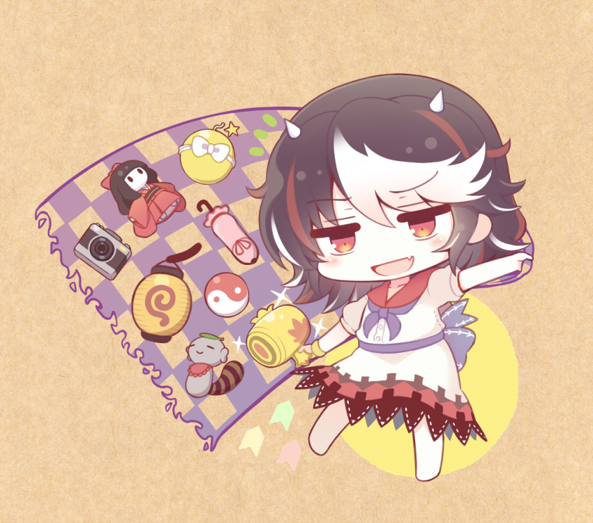 1girl, 23_(candy_chapus), :d, barefoot, black_hair, blue_neckwear, blush, bomb