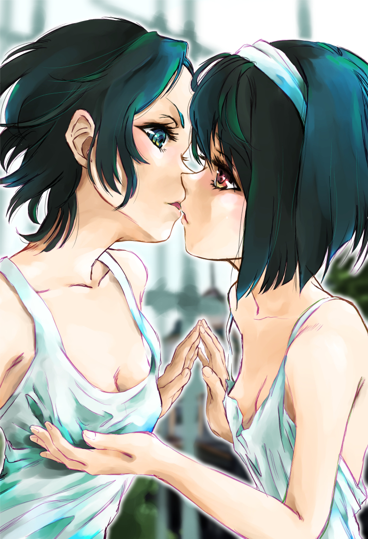 2girls, blush, breast_grab, breasts, brown_eyes, grabbing, green_eyes, green_hair, hairband, kiss, looking_at_another, marutaya, multiple_girls, original, short_hair, small_breasts, tank_top, yuri