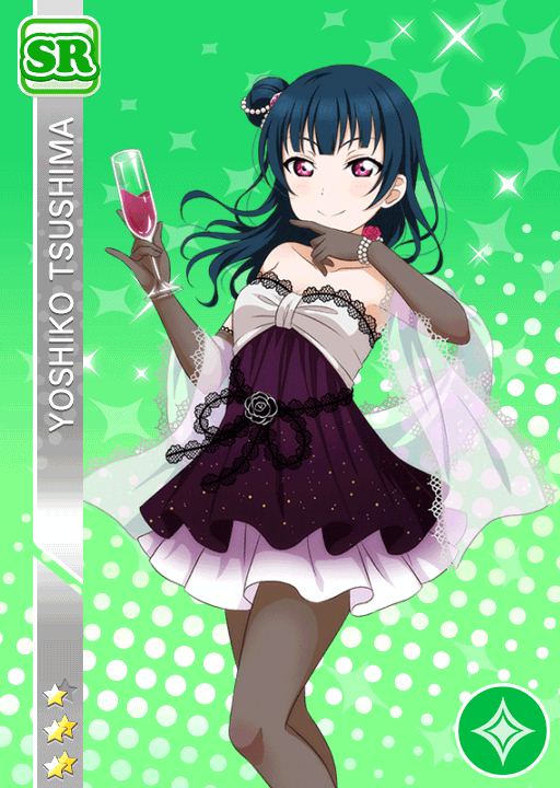 blue_hair, blush, character_name, dress, glass, gloves, long_hair, love_live!_school_idol_festival, love_live!_sunshine!!, official_art, pink_yes, smile, tsushima_yoshiko