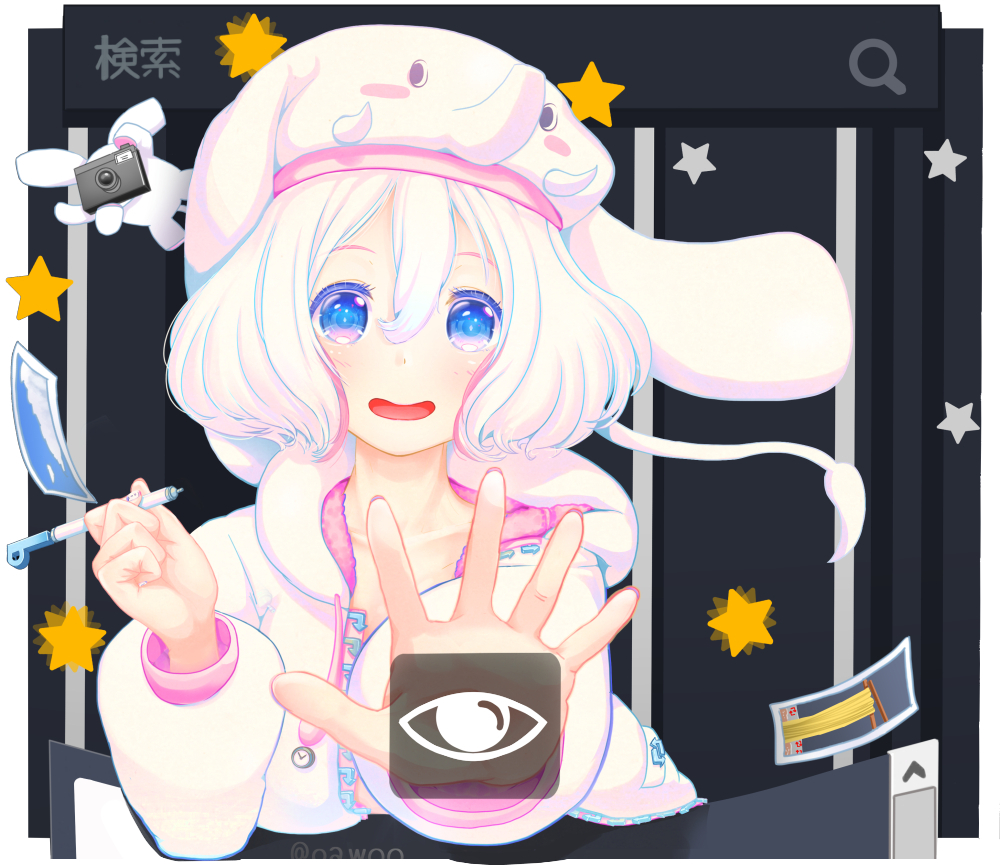 1girl, abo_(kawatasyunnnosukesabu), animal_hat, blue_eyes, blush_stickers, camera, commentary_request, drawstring