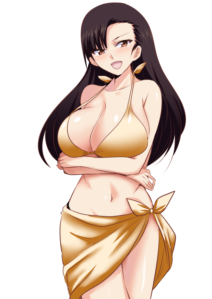 1girl, asymmetrical_bangs, bangs, bikini, breast_hold, breasts, brown_eyes, brown_hair