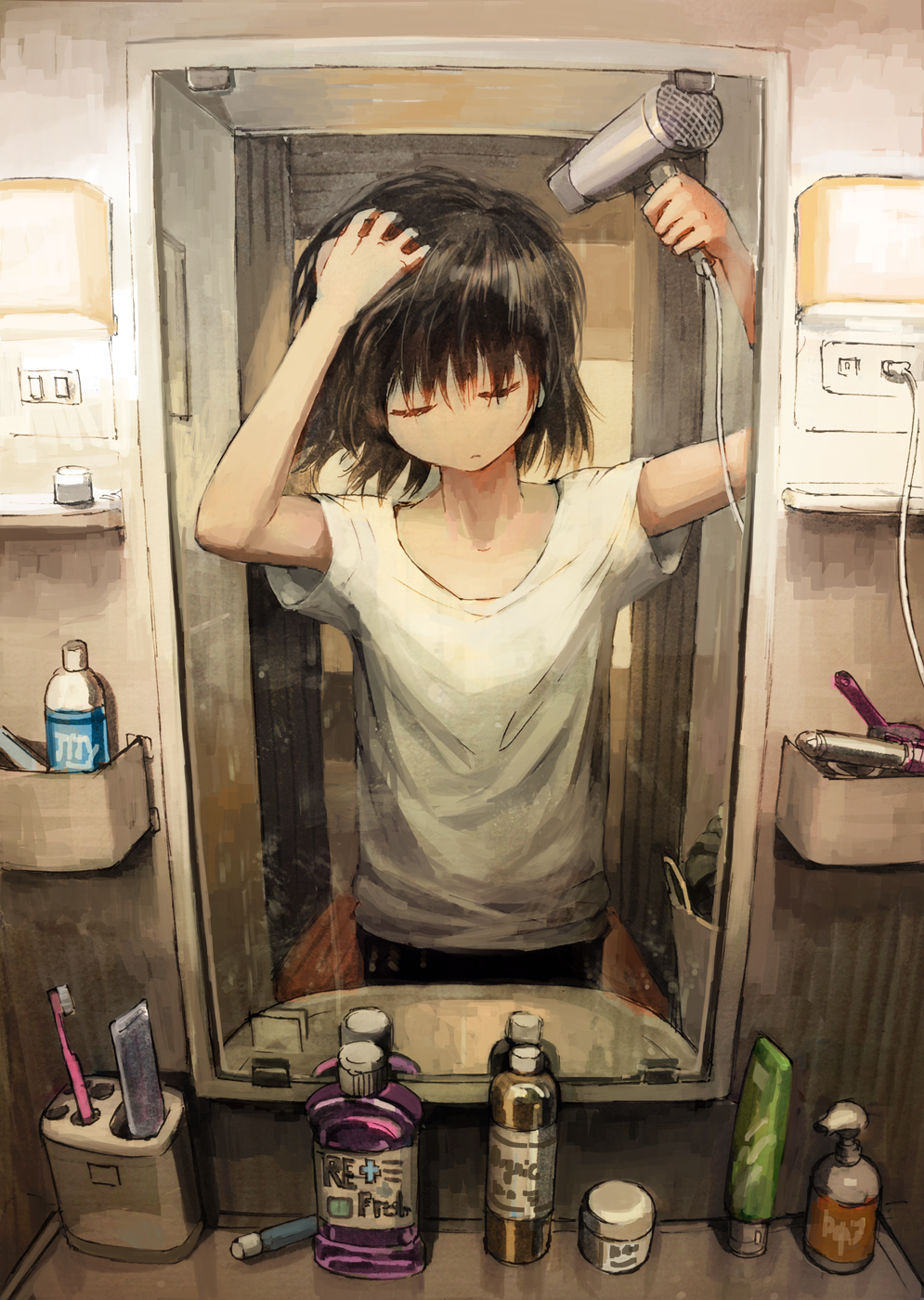 1girl, bangs, black_hair, bottle, closed_eyes, curling_iron, drying, drying_hair