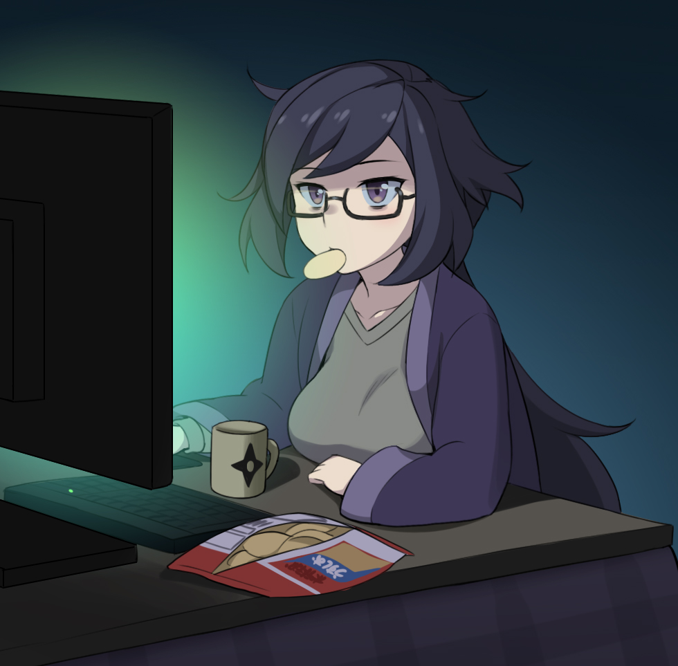 1girl, ayame_(gundam_build_divers), bags_under_eyes, bangs, bespectacled, black-framed_eyewear, black_hair, breast_rest
