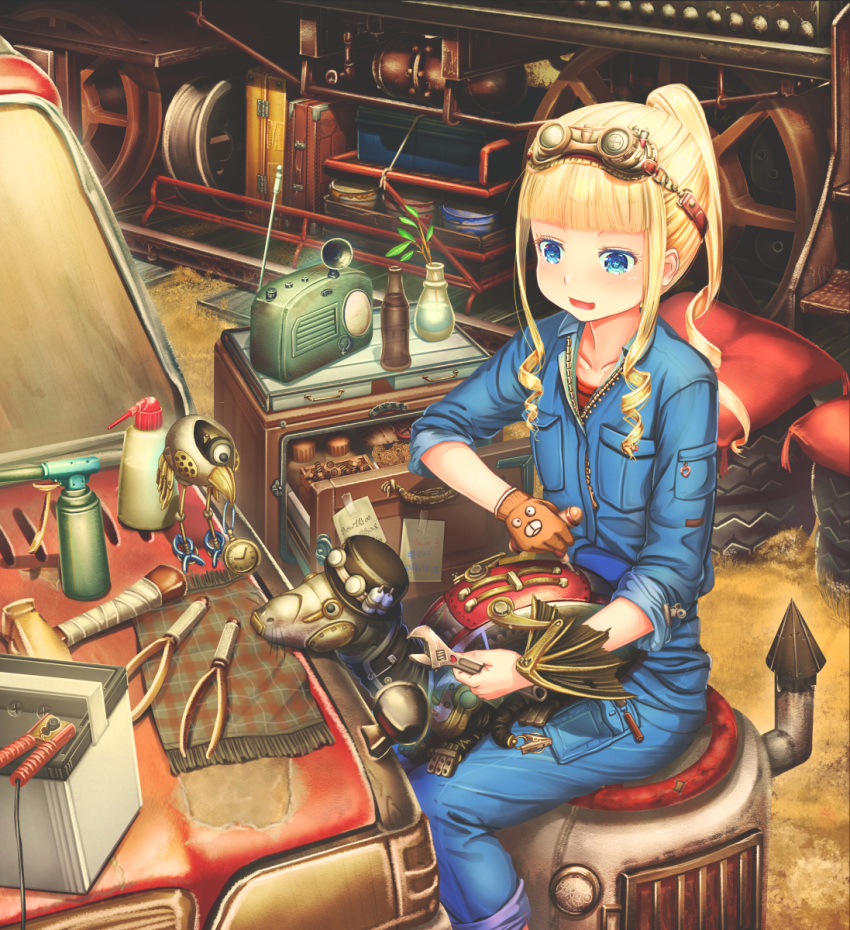1girl, abo_(kawatasyunnnosukesabu), bangs, battery, blonde_hair, blue_eyes, blue_jumpsuit, blunt_bangs