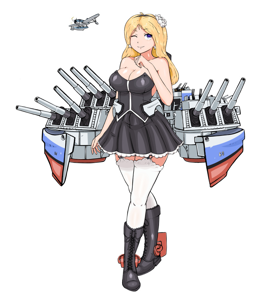 1girl, absurdres, bare_shoulders, black_dress, blonde_hair, blue_eyes, boots, breasts, cleavage, cross-laced_footwear, dress, earrings, highres, jewelry, kantai_collection, lace-up_boots, large_breasts, legs_crossed, long_hair, looking_back, one_eye_closed, original, rigging, smile, solo, stacking_mann, star, star_earrings, thigh-highs, transparent_background, uss_alabama_(bb-60), vought_os2u_kingfisher, white_legwear