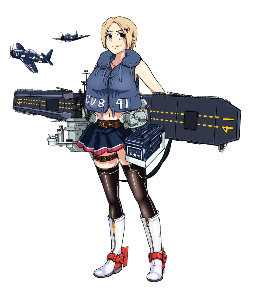 1girl, absurdres, aircraft, aircraft_request, belt, black_legwear, blonde_hair, blue_eyes