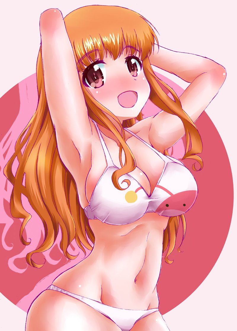 1girl, :d, anglerfish, armpits, arms_behind_head, bangs, bikini, blunt_bangs