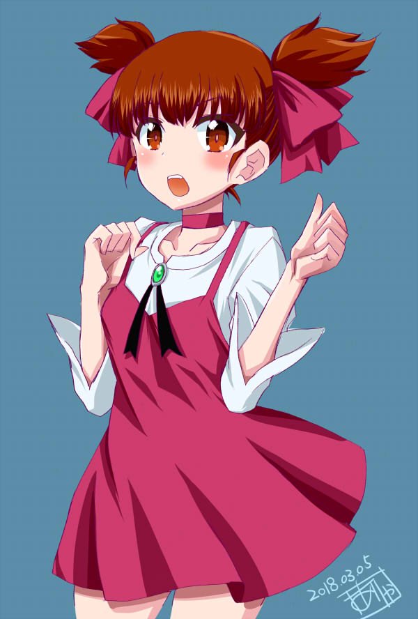 1girl, artist_name, bangs, blue_background, blush, brooch, choker, clenched_hands
